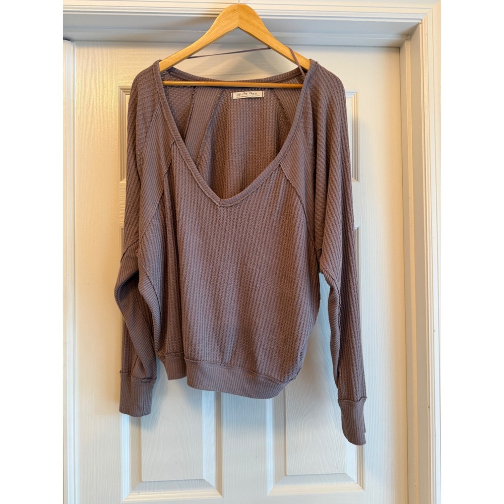 We The Free Thermal Top Women S Mauve V-Neck Dolman Waffle Knit Oversized